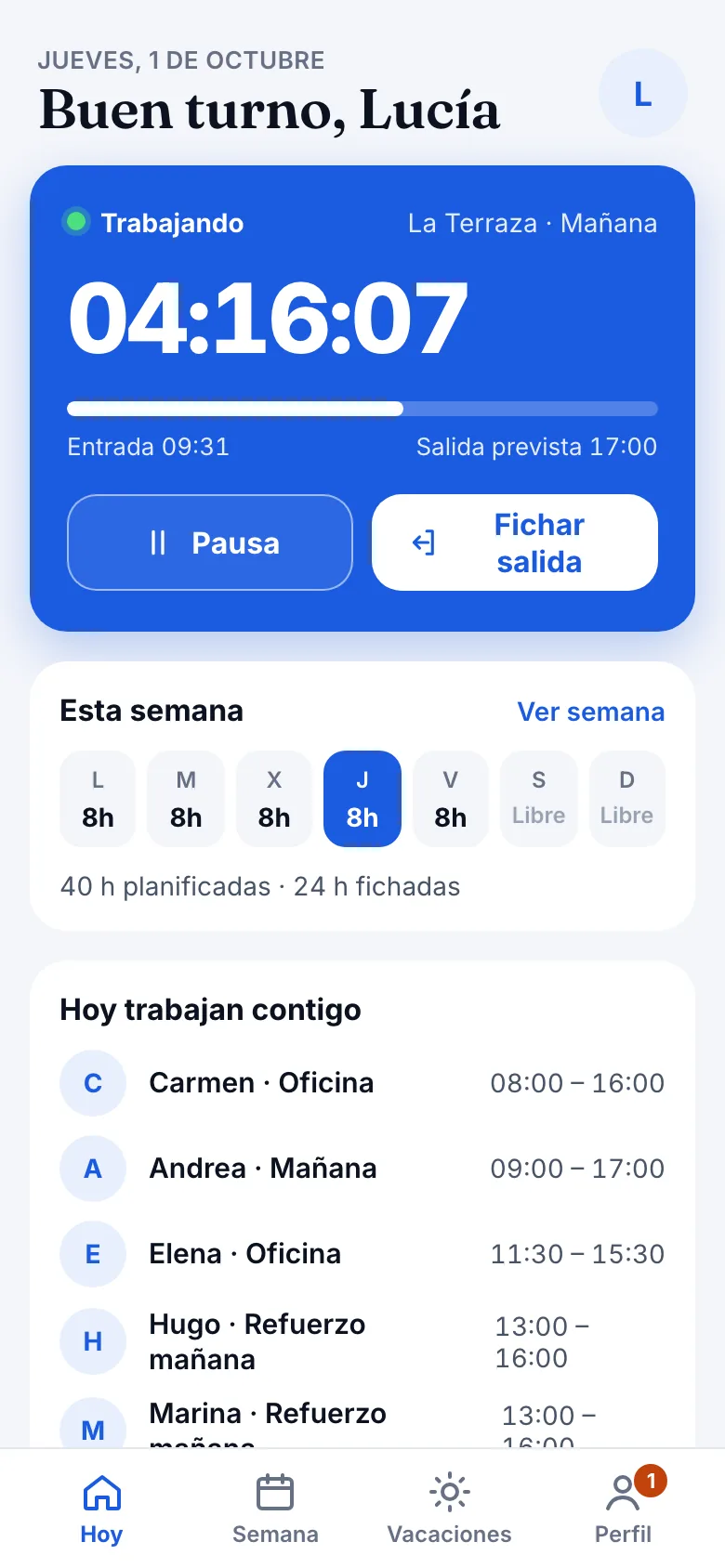 App de Stellar HR, empleada: jornada en curso con pausa y fichar salida, y quién trabaja hoy