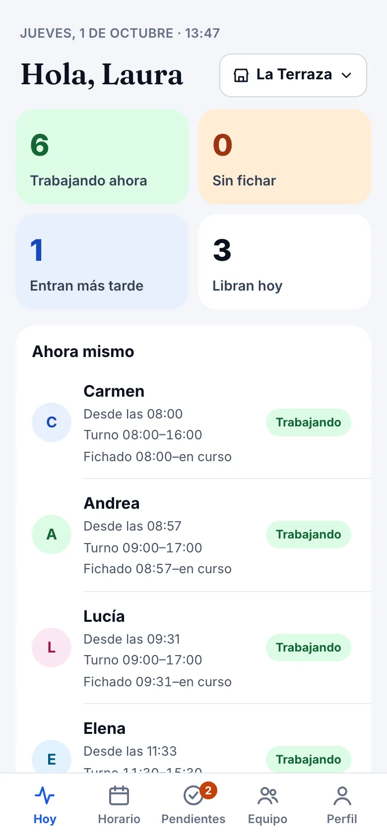 App de Stellar HR, responsable: trabajando ahora, sin fichar, entran más tarde y libran hoy