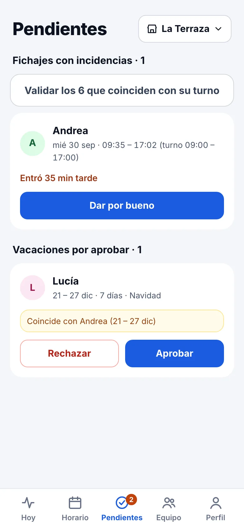 App de Stellar HR, responsable: fichajes con incidencias y vacaciones por aprobar