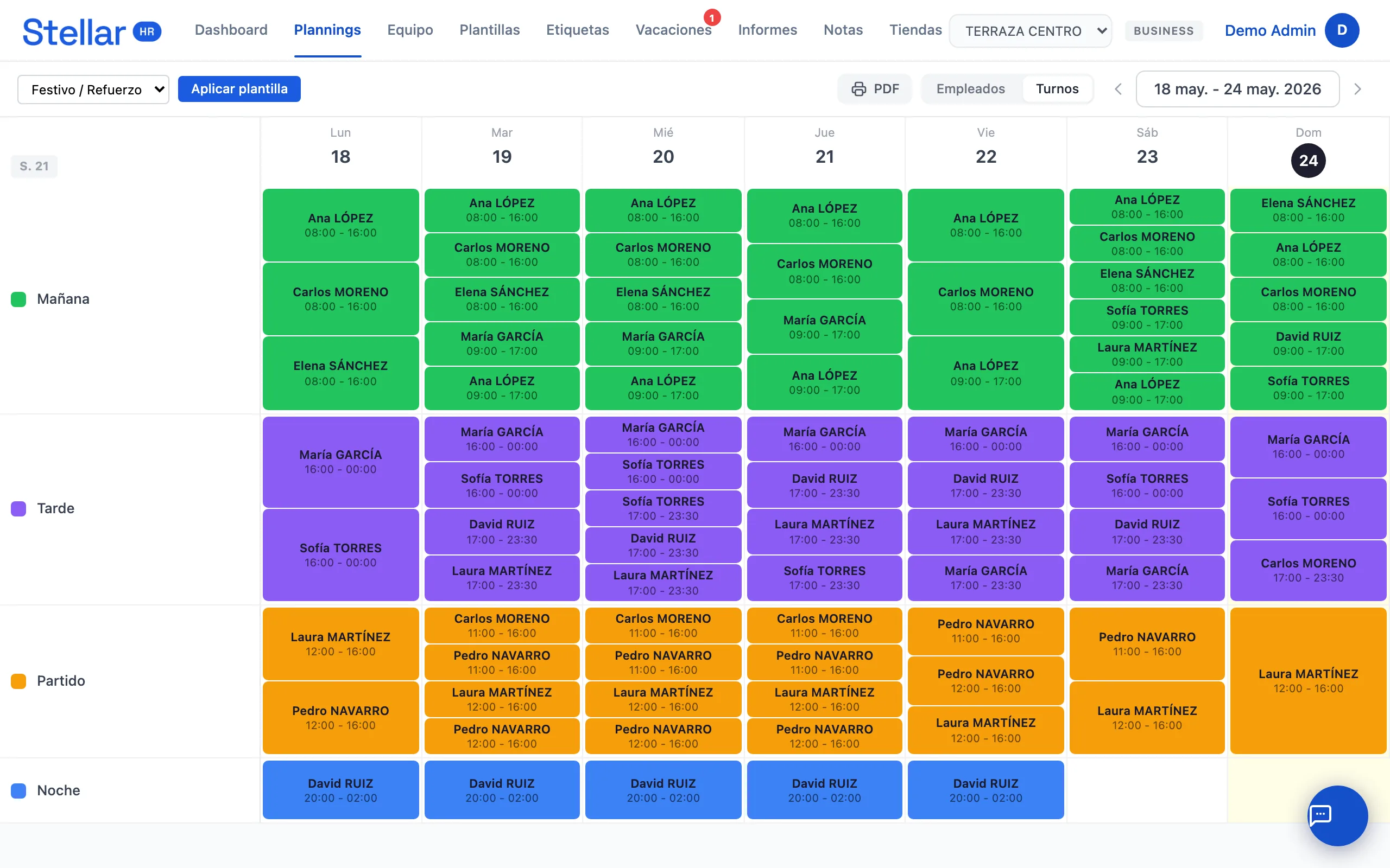Planning semanal de turnos en Stellar HR