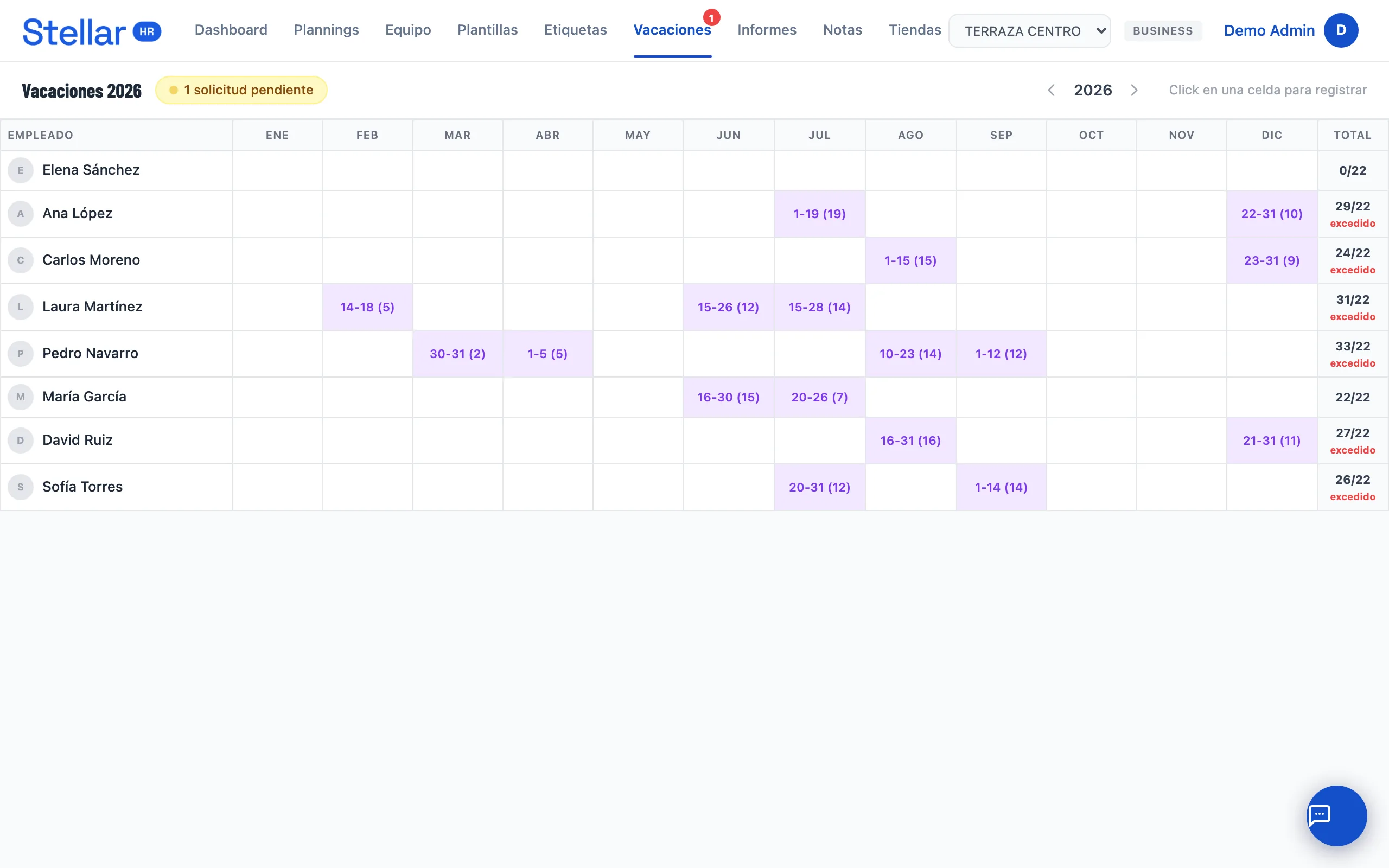 Gestión de vacaciones en Stellar HR