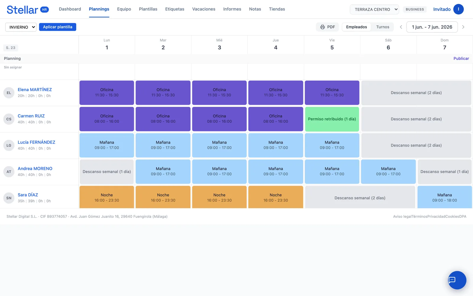 Weekly schedule in Stellar HR with morning and evening shifts and rest days per employee