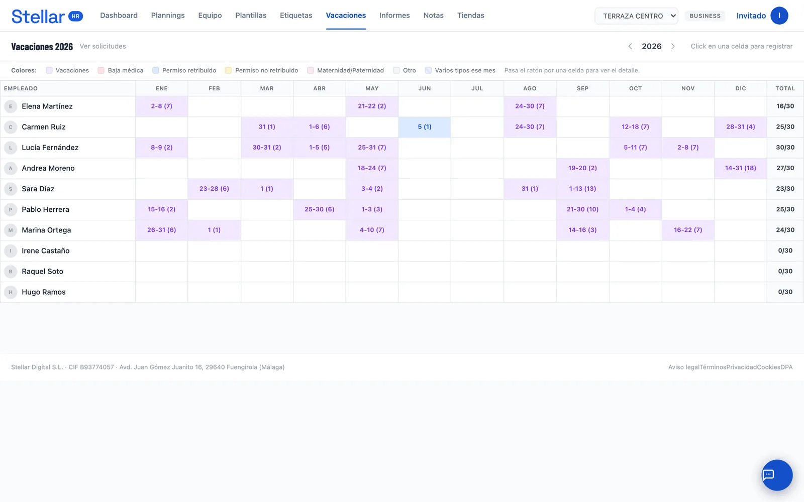 Annual time off and absence calendar in Stellar HR