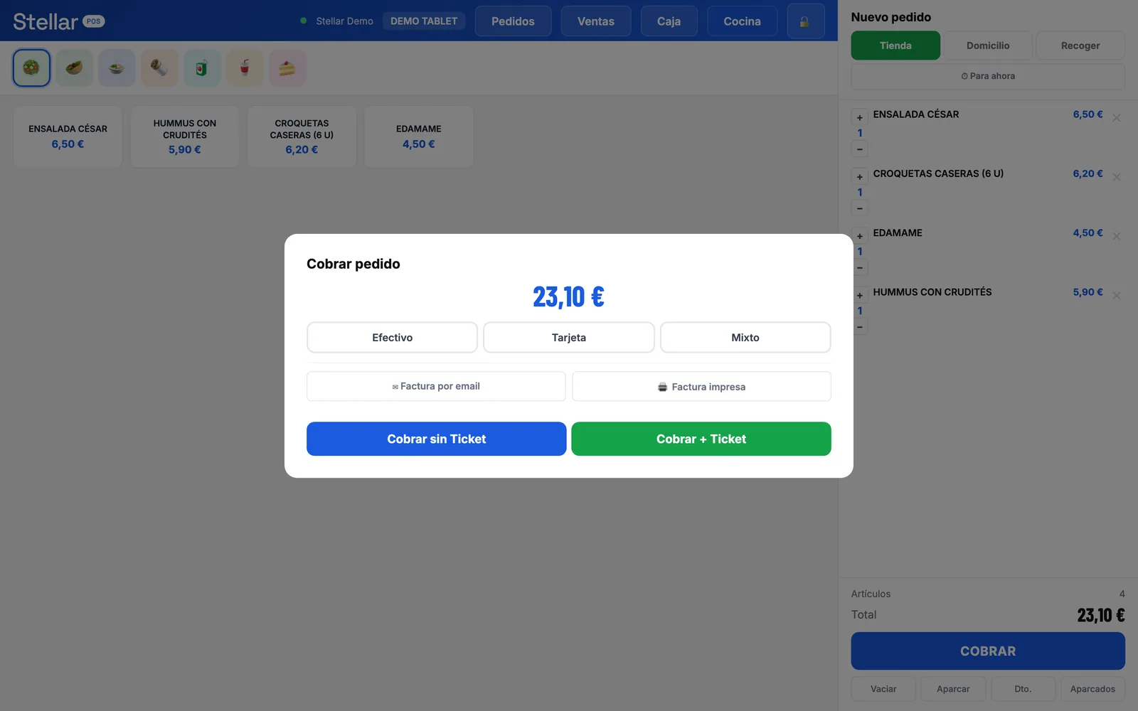 Stellar POS payment modal with cash, card and split payment