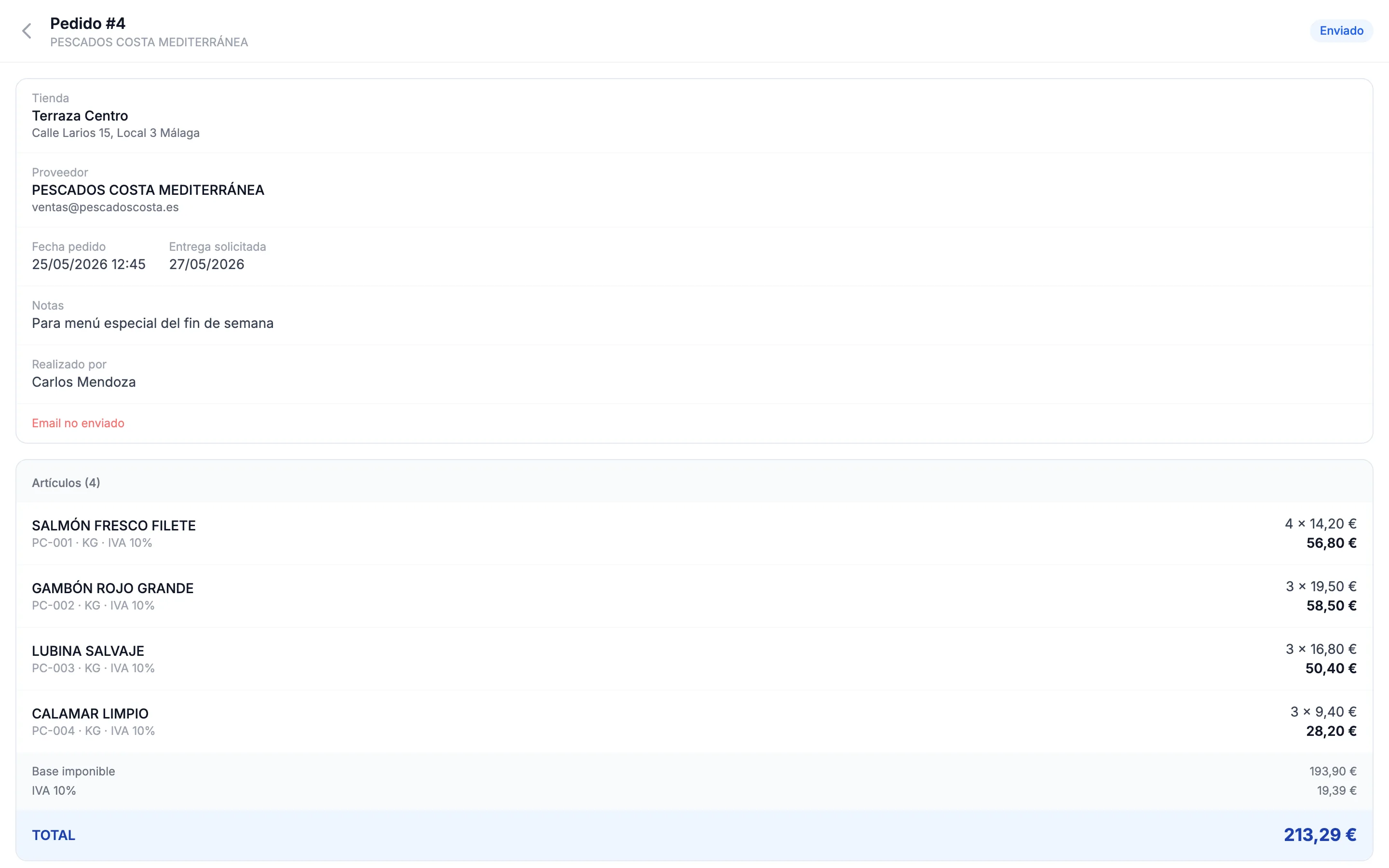 Stellar Order — detalle de un pedido con productos, cantidades y total