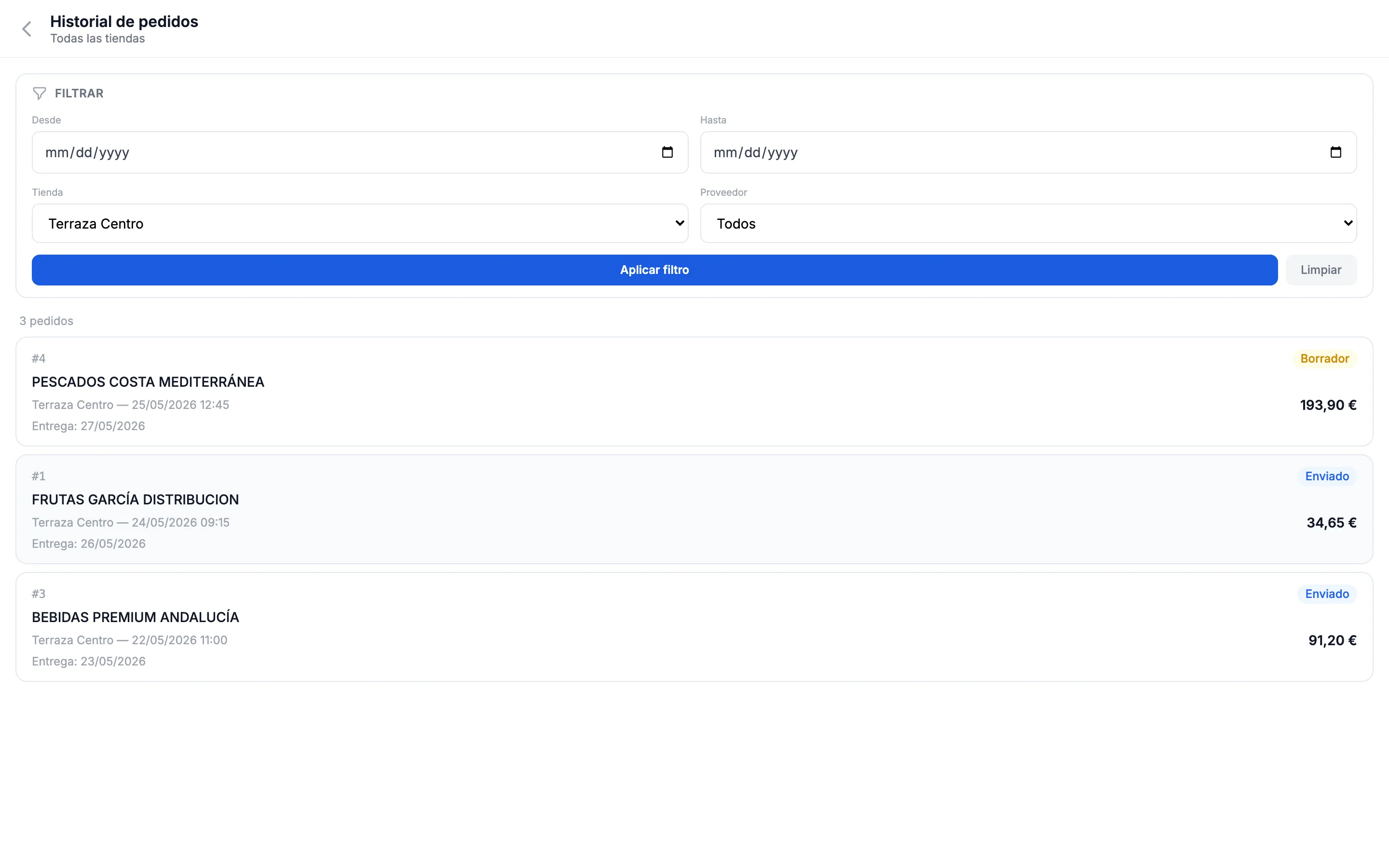 Stellar Order — histórico de pedidos con filtros por fecha y proveedor