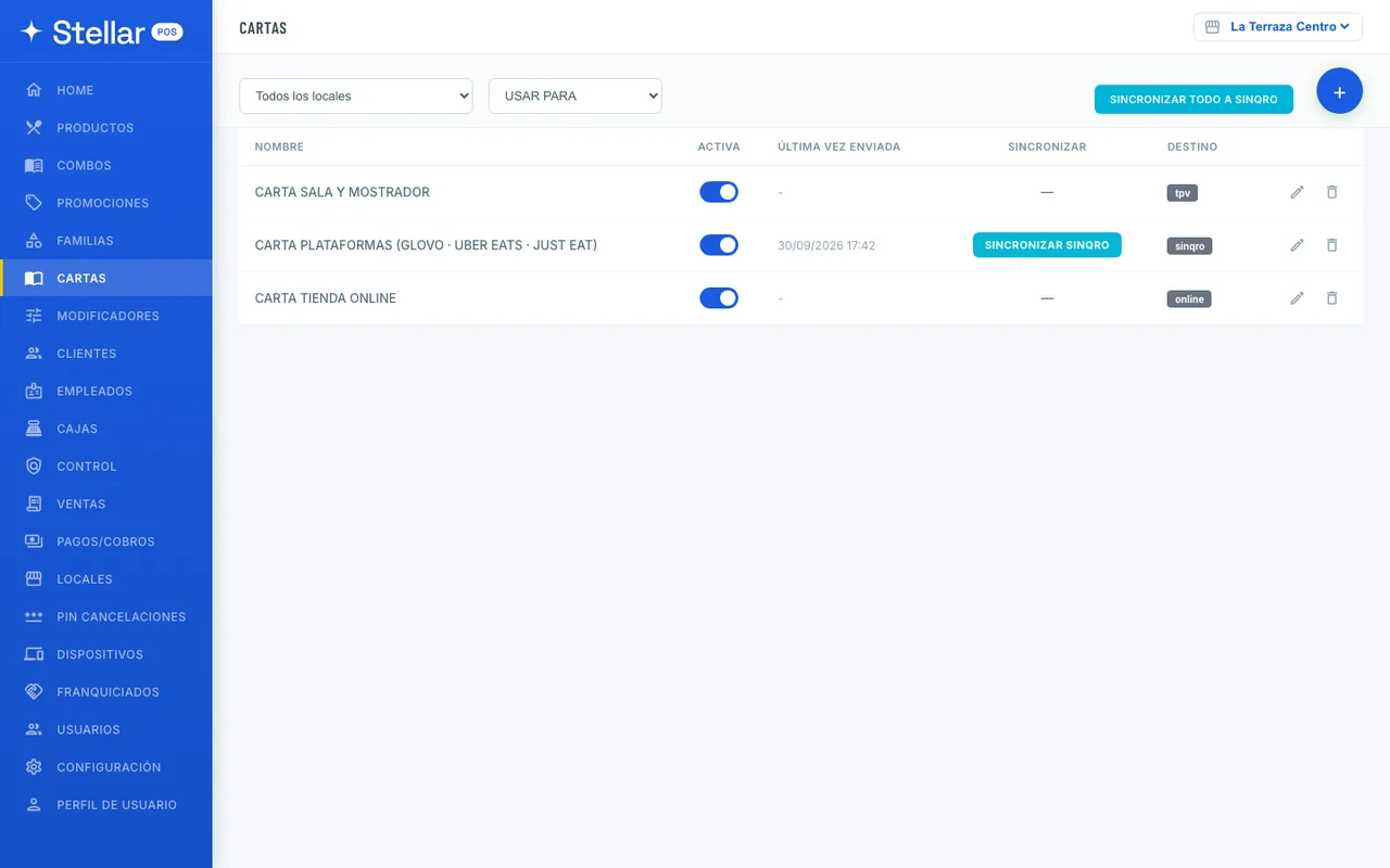 Cartas del panel de Stellar POS: sala, plataformas vía Sinqro y tienda online