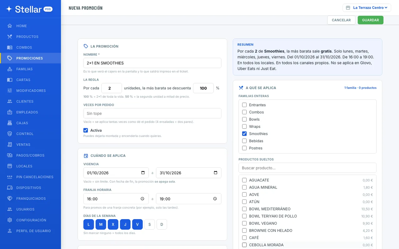 Alta de una promoción 2x1 en el panel de Stellar POS