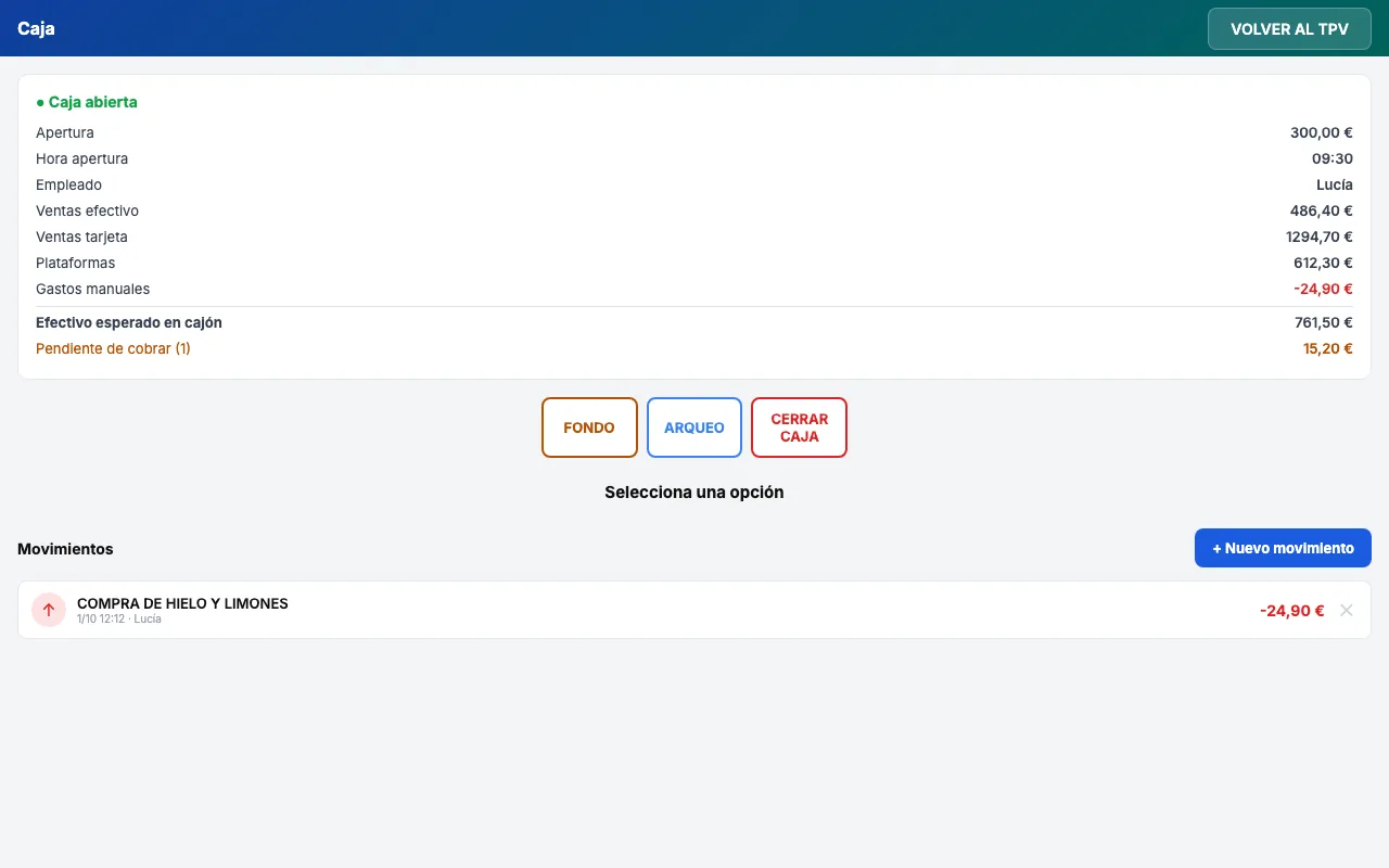Panel de caja de Stellar POS con el desglose del turno y el efectivo esperado