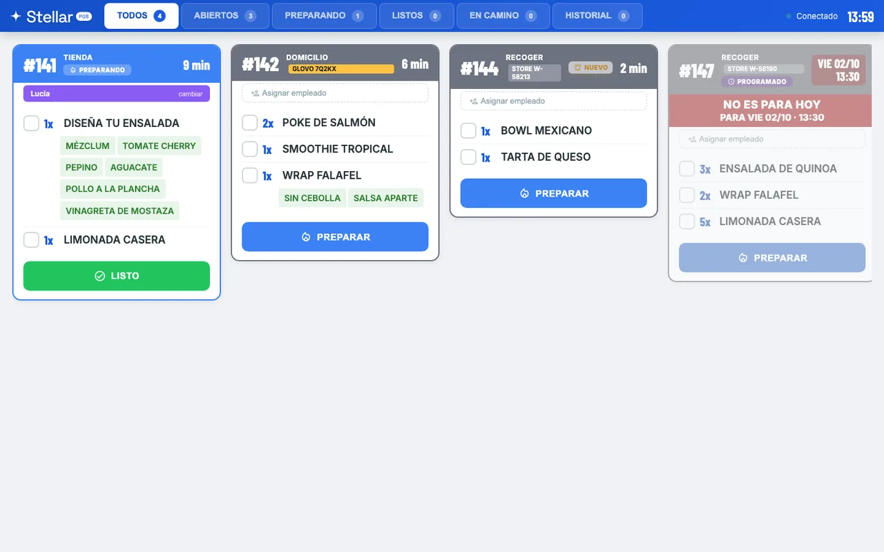 Pantalla de cocina de Stellar POS con pedidos de mostrador, Glovo, web y uno programado para otro día