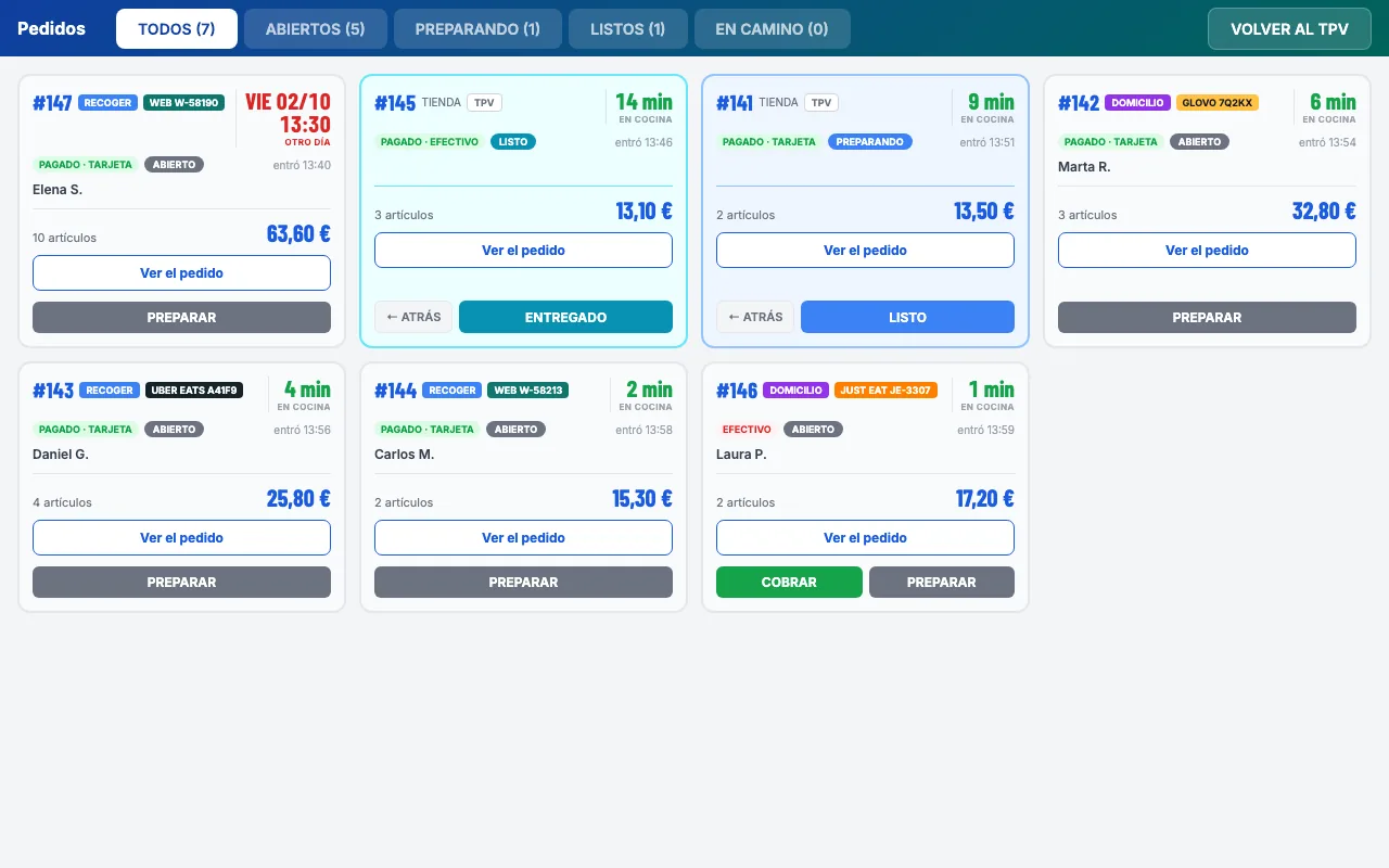 Stellar POS — lista de pedidos con TPV, web, Glovo, Uber Eats, Just Eat y un pedido programado para otro día