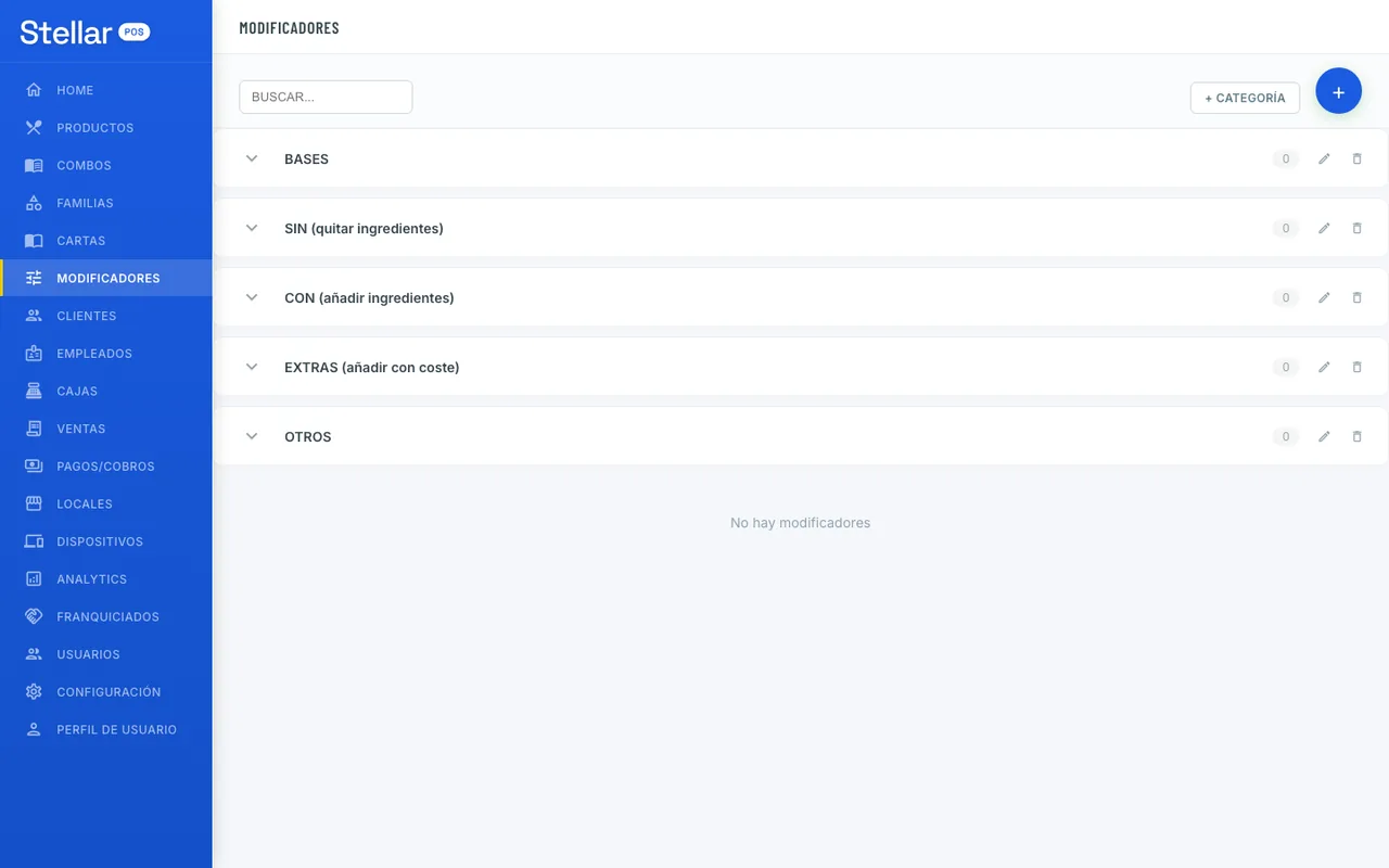 Modificadores en el admin de Stellar POS
