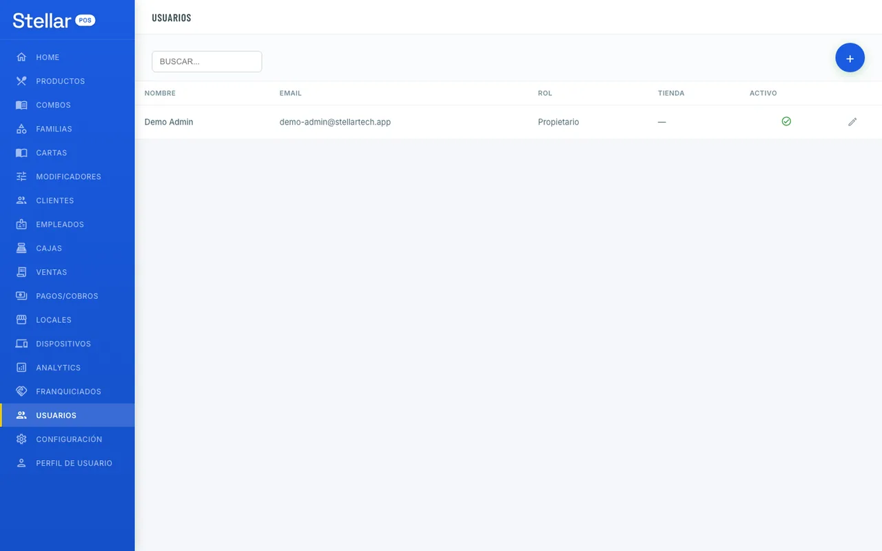 Usuarios y permisos por rol en el admin de Stellar POS
