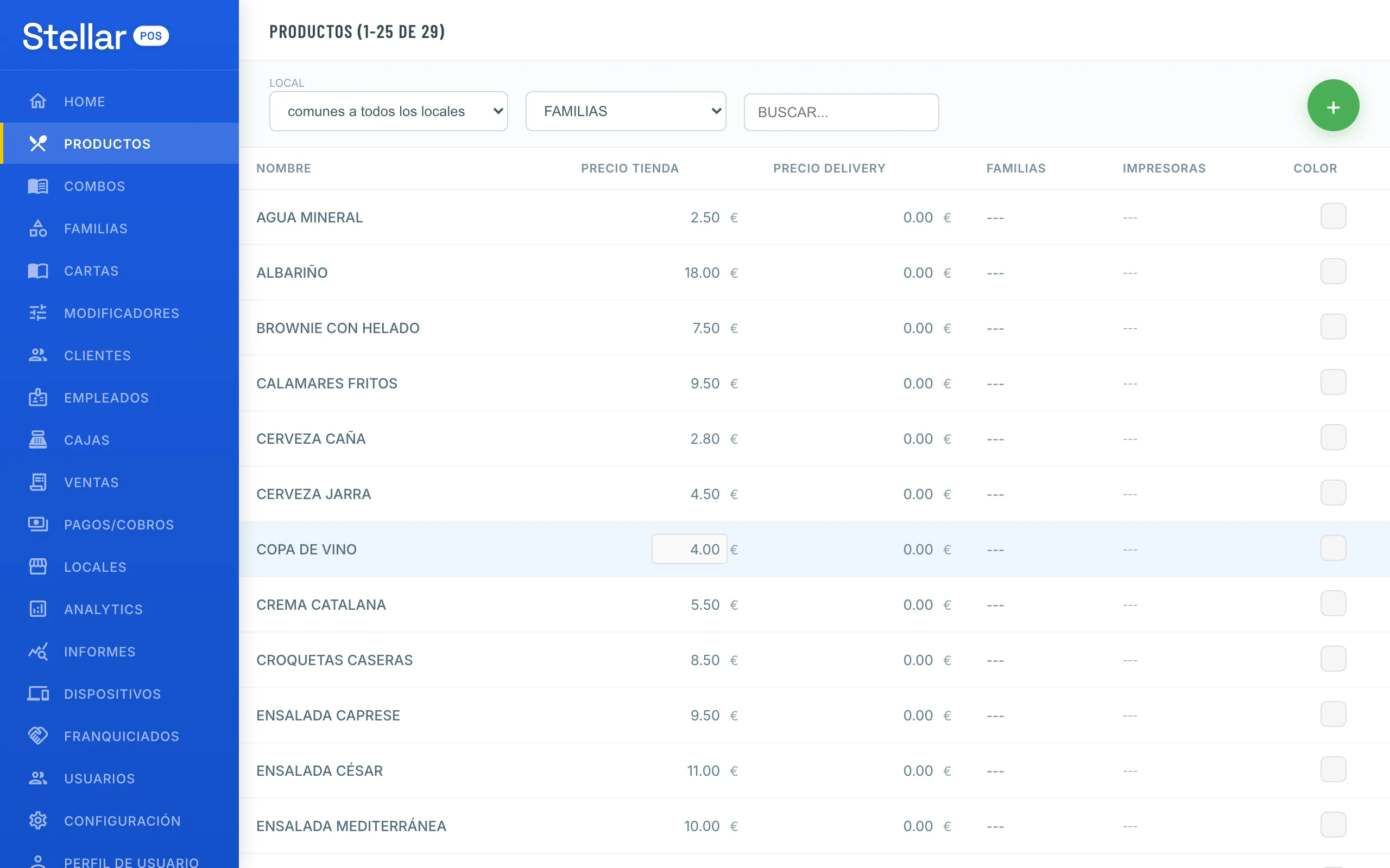 Stellar POS — panel de administración con listado de productos