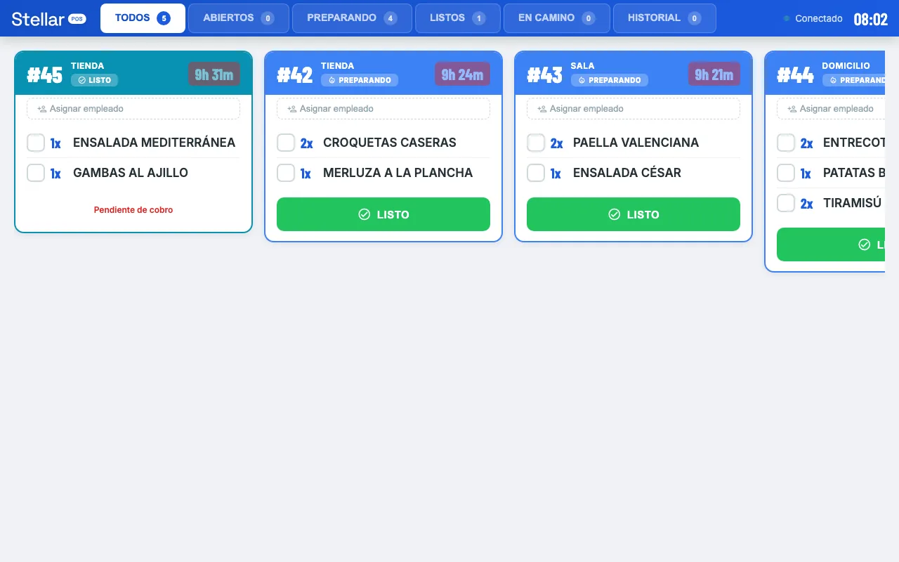 Stellar POS — pantalla de cocina con pedidos en tiempo real
