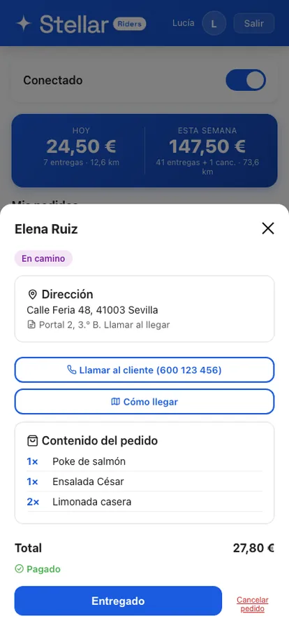 Detalle de una entrega: dirección, nota del cliente, llamar, cómo llegar, contenido de la bolsa y forma de pago