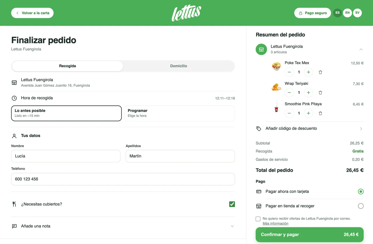 Stellar Store — checkout screen with collection selected, the estimated time, the customer's details, cutlery and the order summary with payment on the right
