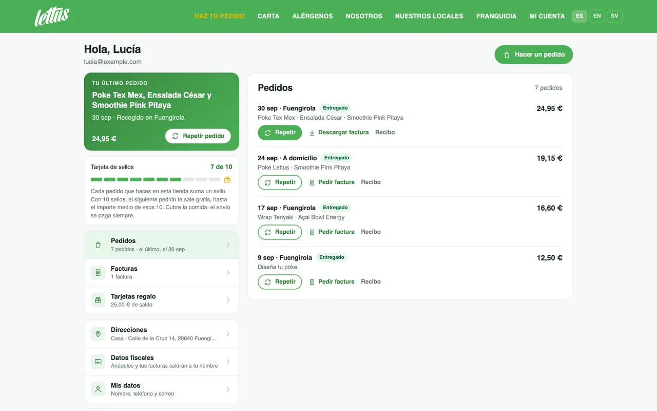 Stellar Store — a customer account with their last order to repeat, the stamp card and the list of orders, invoices and gift cards