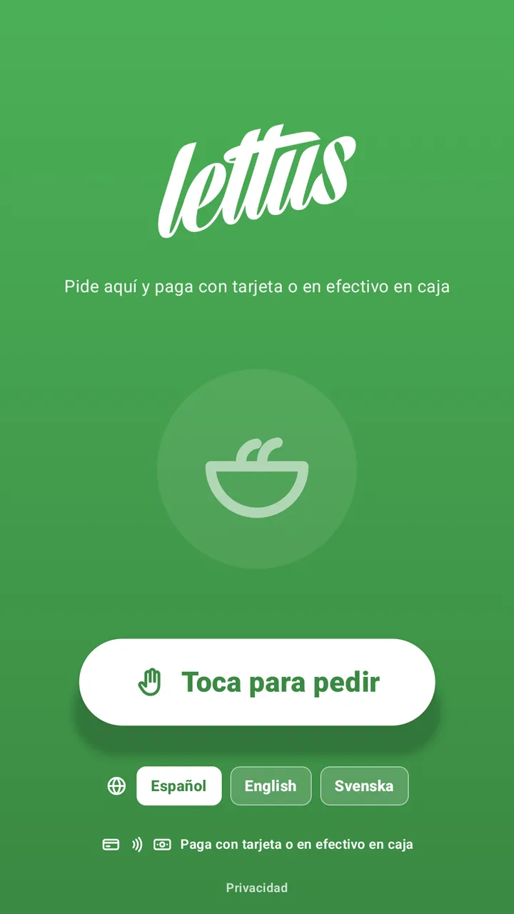 Stellar Kiosk — the kiosk's home screen on a portrait display, with the store's logo, the «Toca para pedir» (tap to order) button and the three languages