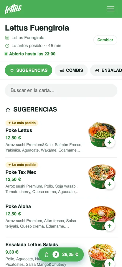 Stellar Store — the same store on a phone, with the menu in one column and the floating basket with three products