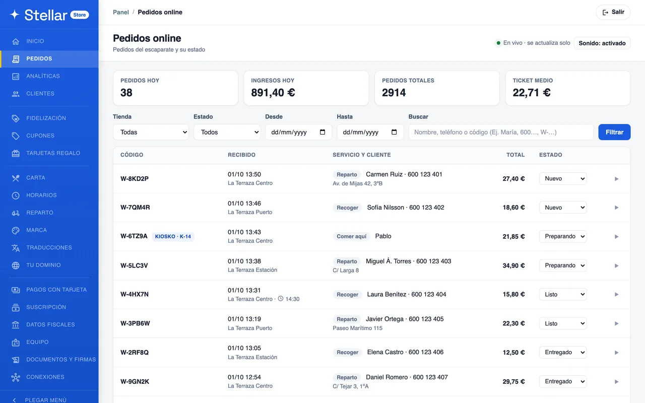 Stellar Store dashboard — online orders from several stores with their time, service type, customer, amount and status, and the day's figures at the top