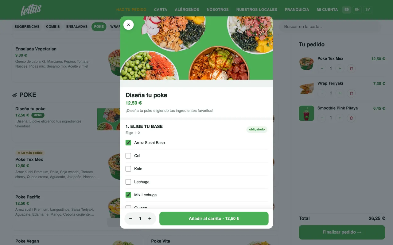 Stellar Store — a build-your-own dish page, with its photo, price and the base ingredients chosen step by step