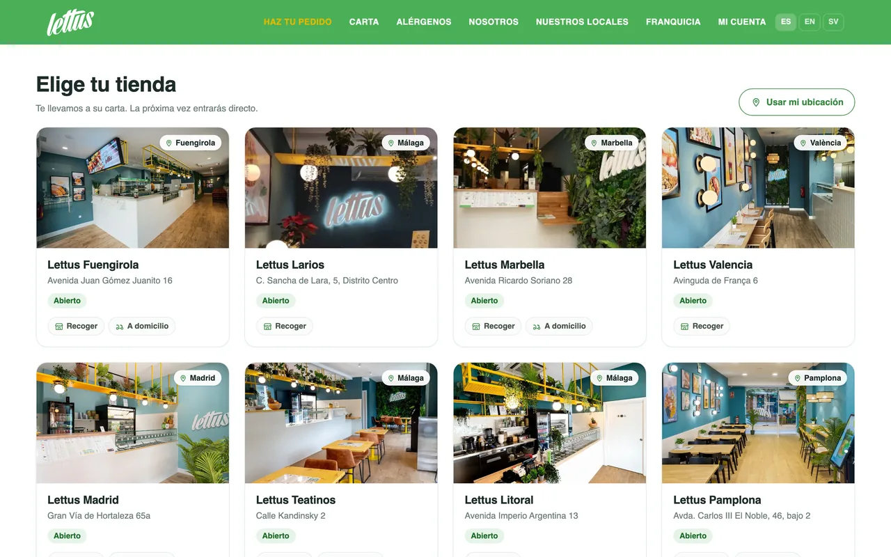 Stellar Store — store picker screen, with each location's photo, its city, whether it's open and whether it offers collection or delivery