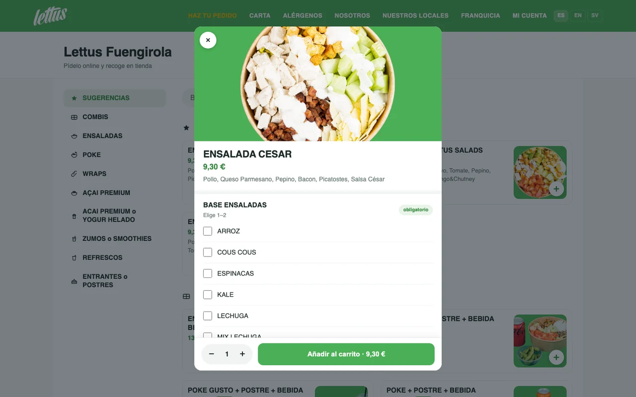 Stellar Store — ficha de producto con foto, extras obligatorios y botón de añadir al carrito