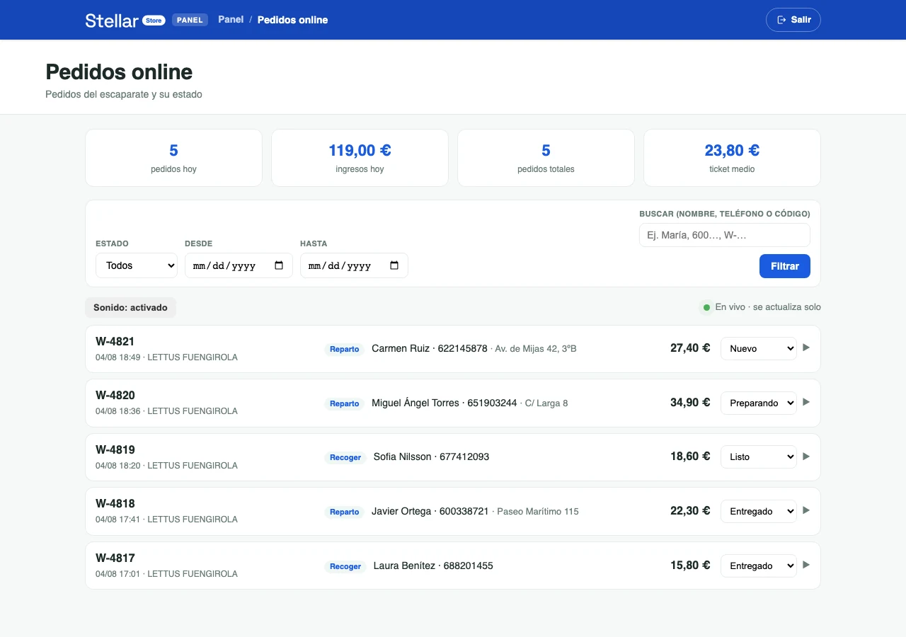 Stellar Store dashboard — list of online orders with status, customer and amount, plus the day's figures